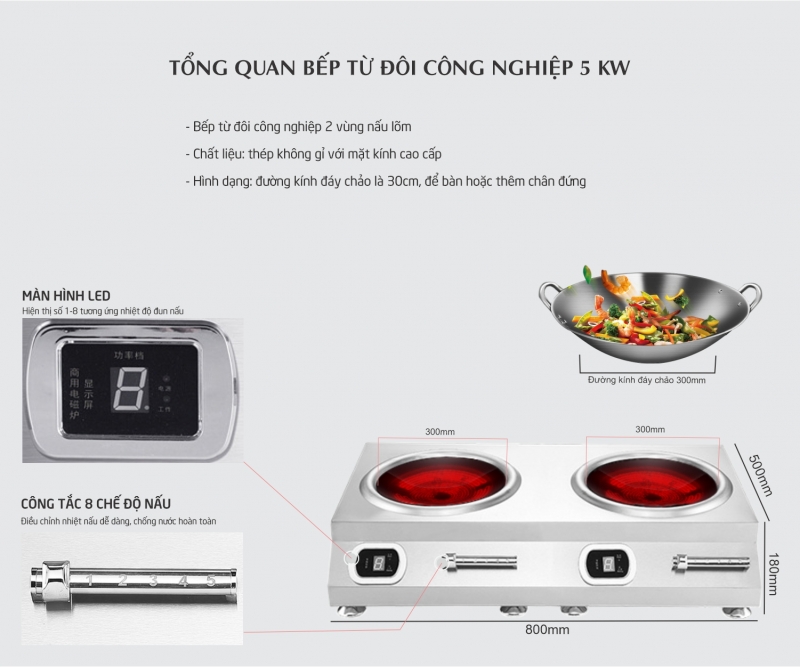 Bếp Từ Đôi Công Nghiệp 5Kw Mặt Lõm